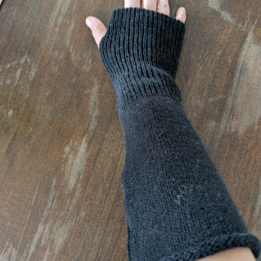 Black Knit Gloves Fingerless‎ Long Wrist Winter Arm Warmer Mitten Cozy Divided
